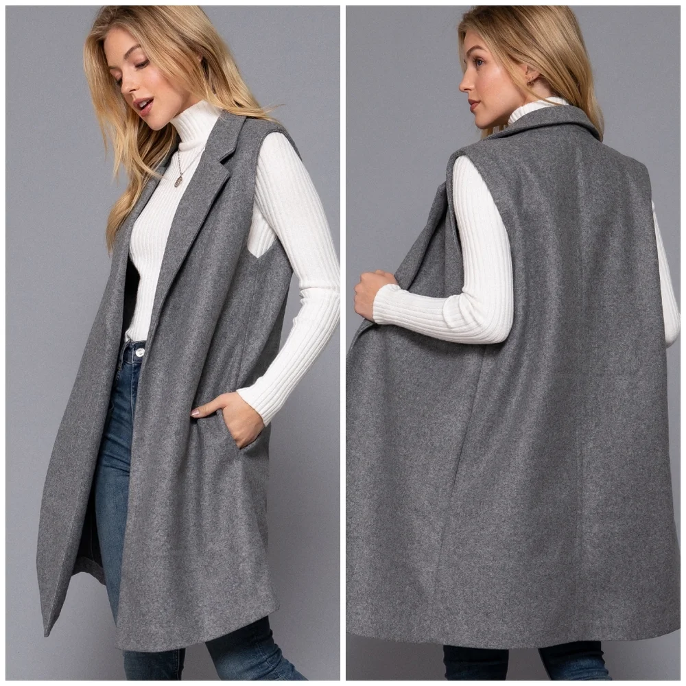 Sophisticated Chic Charcoal Gray Peacoat Vest - Picture 2 of 9